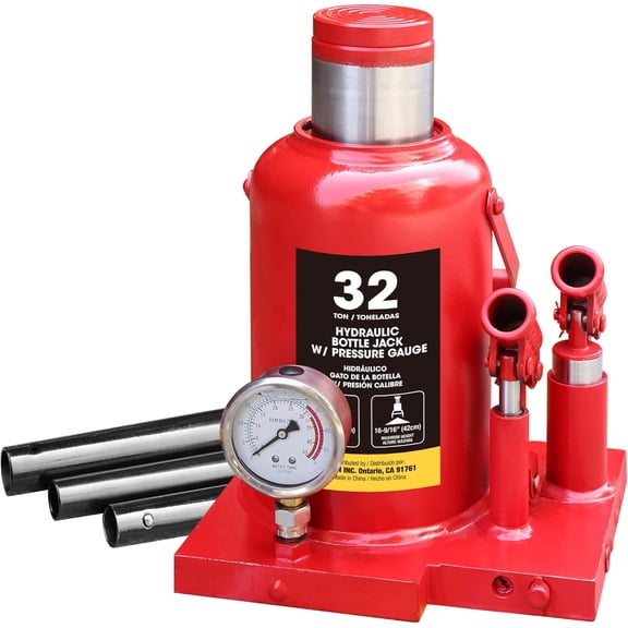 BIG RED 32 Ton Professional Double Piston Steel Car Bottle Jack with Gauge,Red,W931R