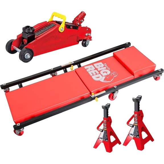 BIG RED Hydraulic Trolley Floor Service/Floor Combo with 2 Jack Stands and Rolling Garage/Shop Creeper, 2 Ton (4,000 lb) Capacity,Red,DMT82040