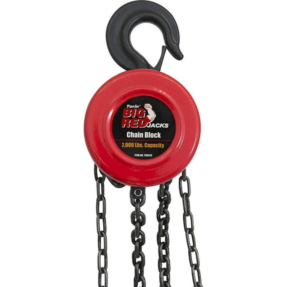 BIG RED Manual Hand Lift Steel Chain Block Hoist with 2 Hooks, 1 Ton (2,000 lb) Capacity, Red, W9010