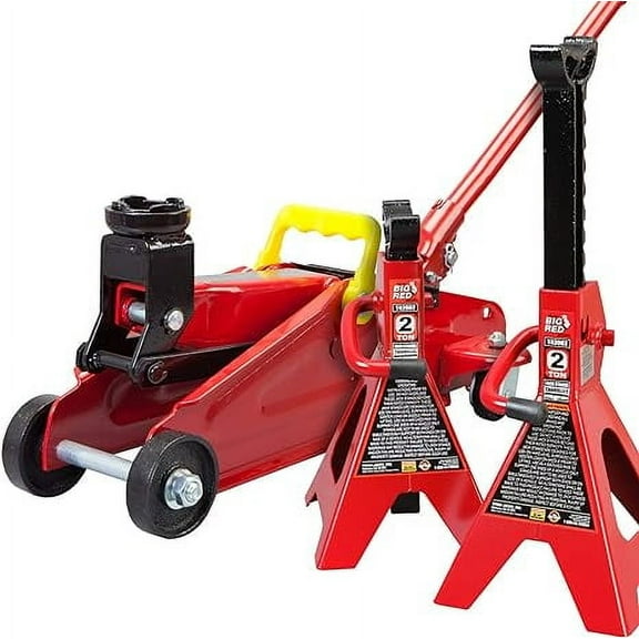 BIG RED T82001 Torin Hydraulic Trolley Service/Floor Jack Combo with 2 Jack Stands, 2 Ton (4,000 lb) Capacity, Red
