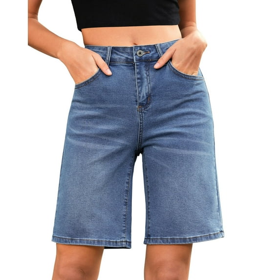 FUNUONY Bermuda Shorts for Women High Waisted Classic Casual Long Jean Shorts Stretchy Denim Jorts with Pockets Classic Casual Long Jean Shorts Stretchy Denim Jorts with Pockets