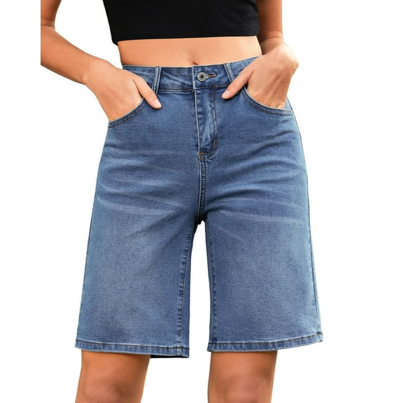 FUNUONY Bermuda Shorts for Women High Waisted Classic Casual Long Jean Shorts Stretchy Denim Jorts with Pockets Classic Casual Long Jean Shorts Stretchy Denim Jorts with Pockets