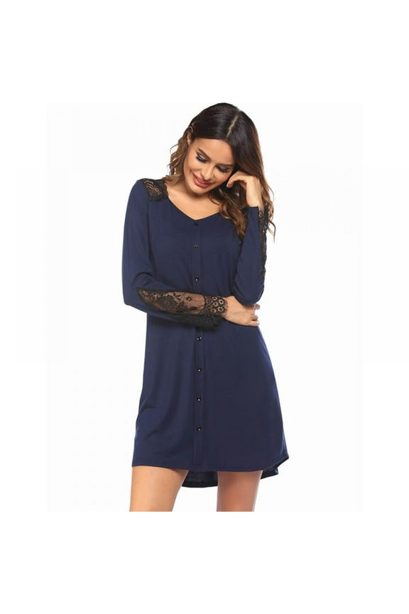 BIG SAVE! Button Down Sexy Nightgowns for Women Sleep Shirt Lace Stitching Long Sleeve Sleepwear Nightshirt Pajama Dress Solid Color Plus Size Pajamas Skirt,S-2XL