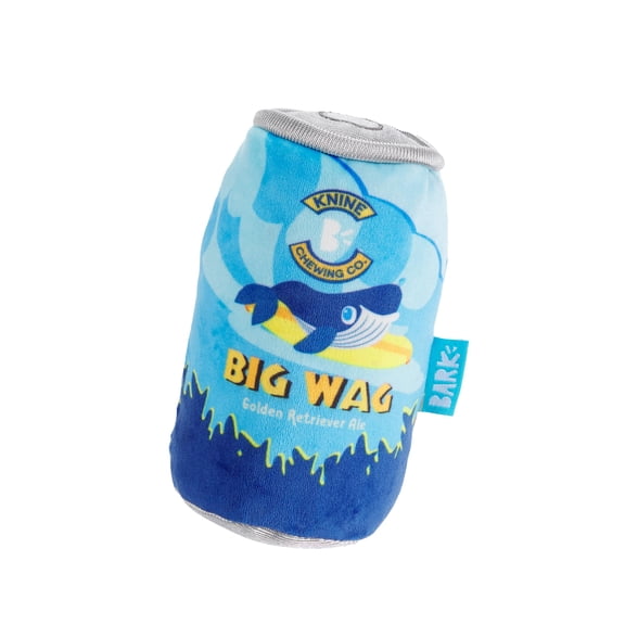 BARK Surf Beer Can Plush Blue, Yellow, and Silver Dog Toy All Sizes