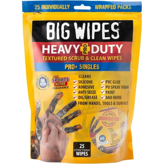 Big Wipes Heavy Duty Hand Cleaning Wipes, Textured Cloths for Removing Grease and Grime, 25 Count Individually Wrapped, 2 Pack