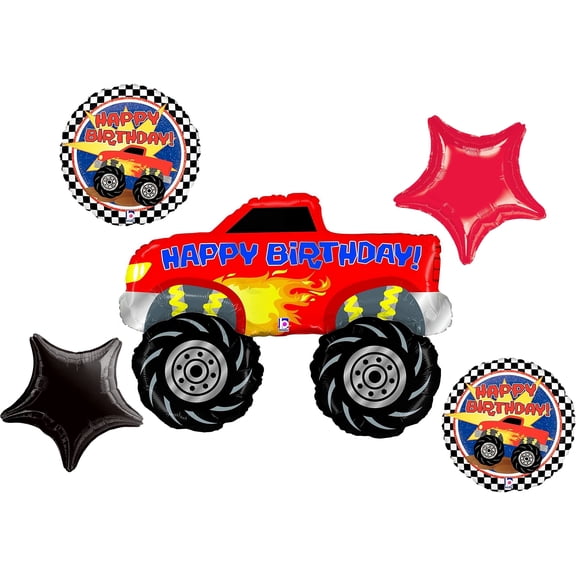 BIG Wheels MONSTER TRUCK Red Flames (5pc) Happy Birthday Party Mylar Balloons Set