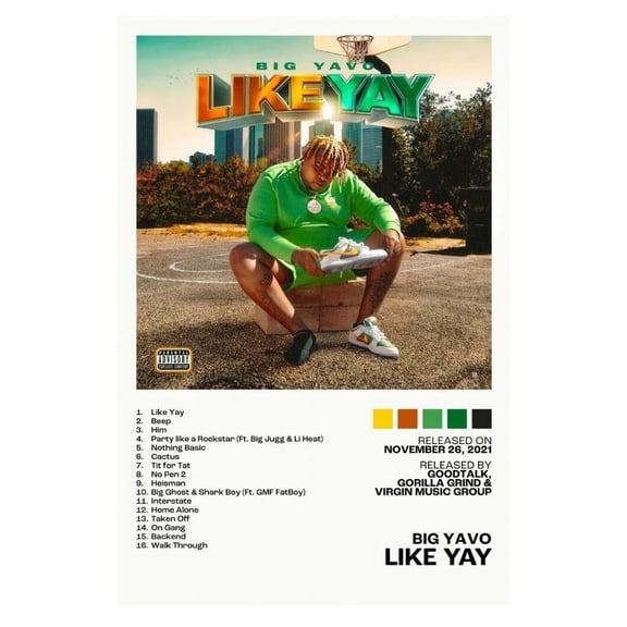 BIG YAVO LIKE YAY Album Cover Music Poster Rap Home Decor For Living Room Hip-Hop Aesthetic Rapper Album Wall Art Records Poster Wall Decor For Bedroom