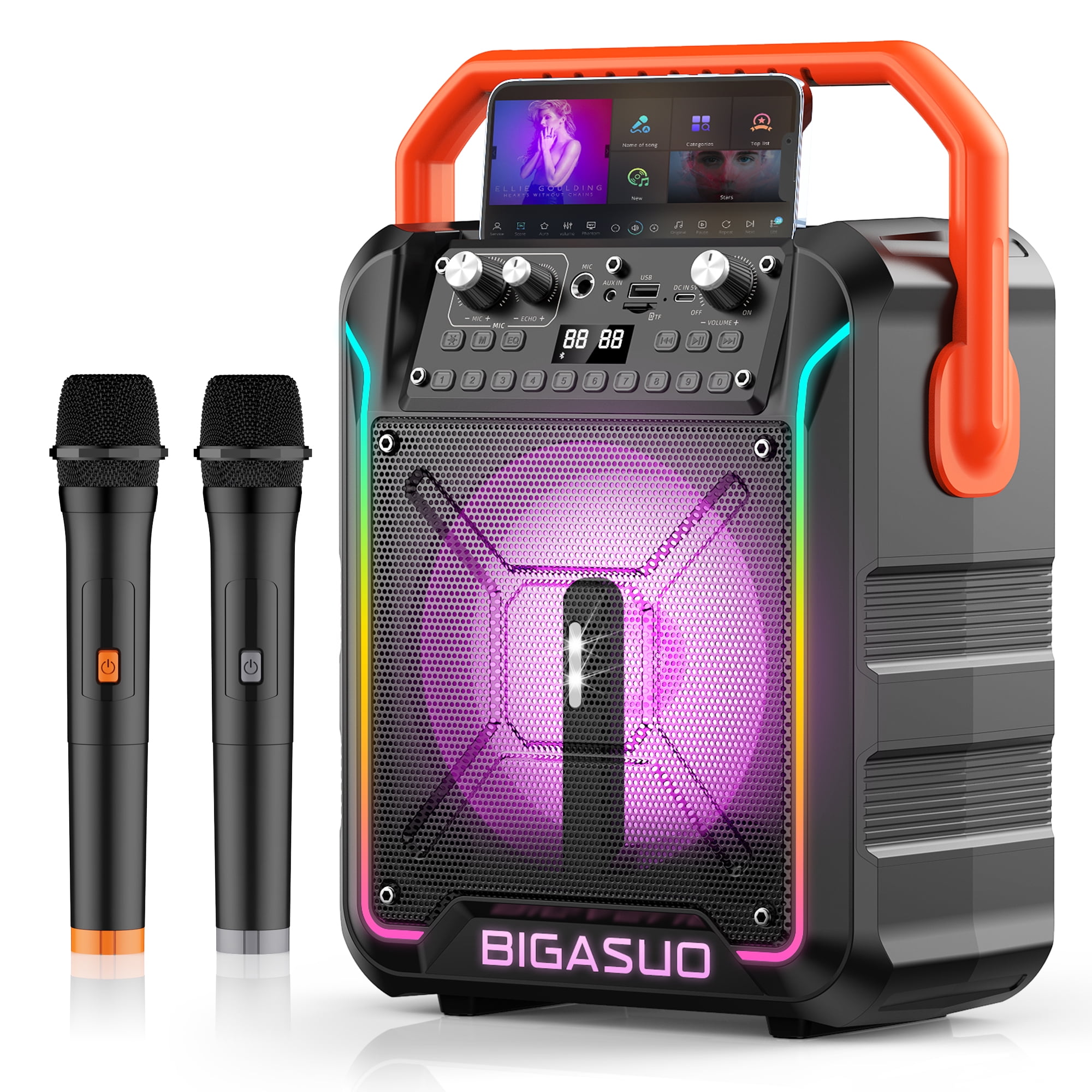BIGASUO Bluetooth Karaoke Machine, Portable Party Speaker Karaoke Singing Machine for Adult , Home Karaoke PA System with 2 UHF Microphones , RGB Colorful Light,  TWS Speaker for Indoor/Outdoor