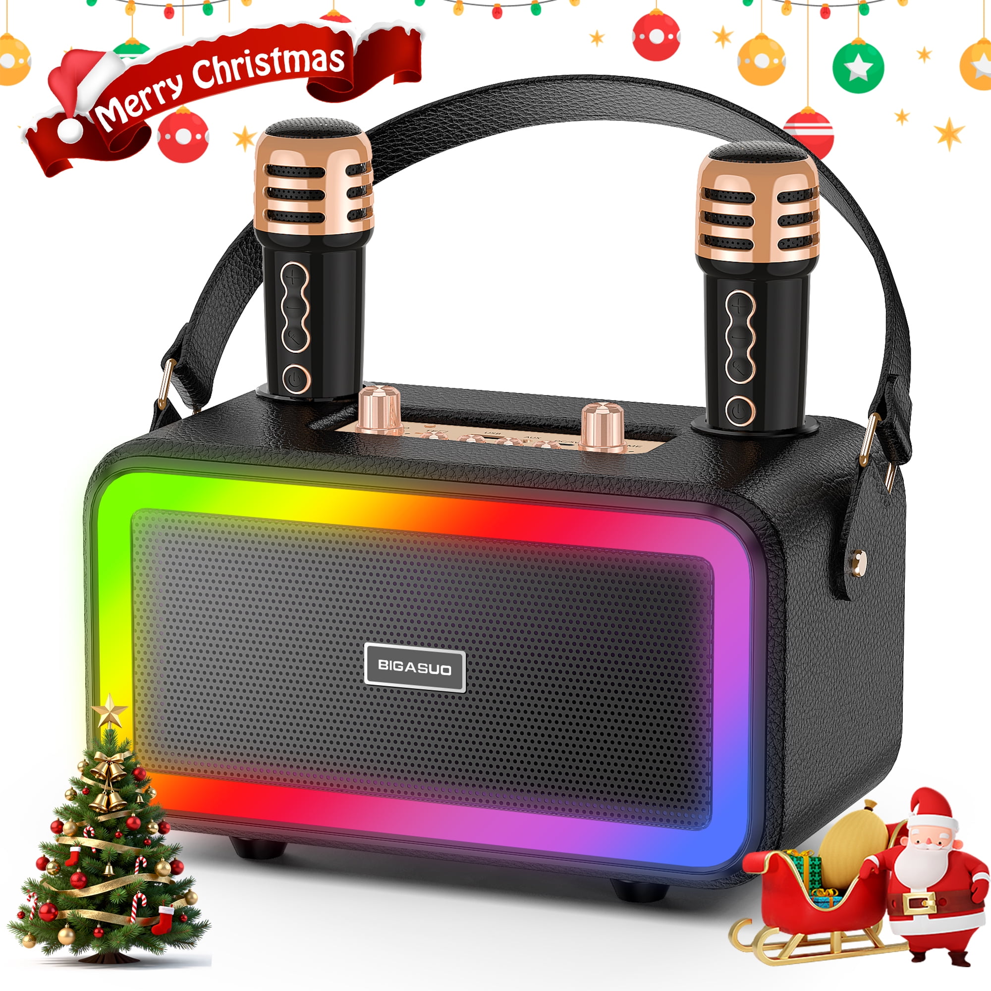 BIGASUO Karaoke Machine with 2 UHF Wireless Microphone, Portable Bluetooth Karaoke with RGB Colorful Light, Reverb Adjustment, PA System Singing Machine Party Karaoke Speaker