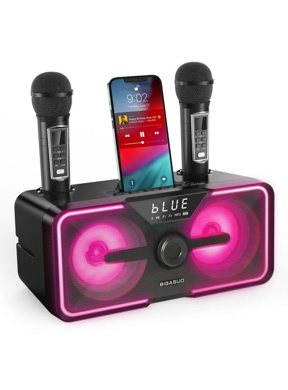 BIGASUO Karaoke Machine, Portable Bluetooth Speaker with 2 UHF Wireless Karaoke Microphones for Adults Kids, Home Karaoke Singing Machine PA System with LED Lights, Supports TF Card/USB, Aux in