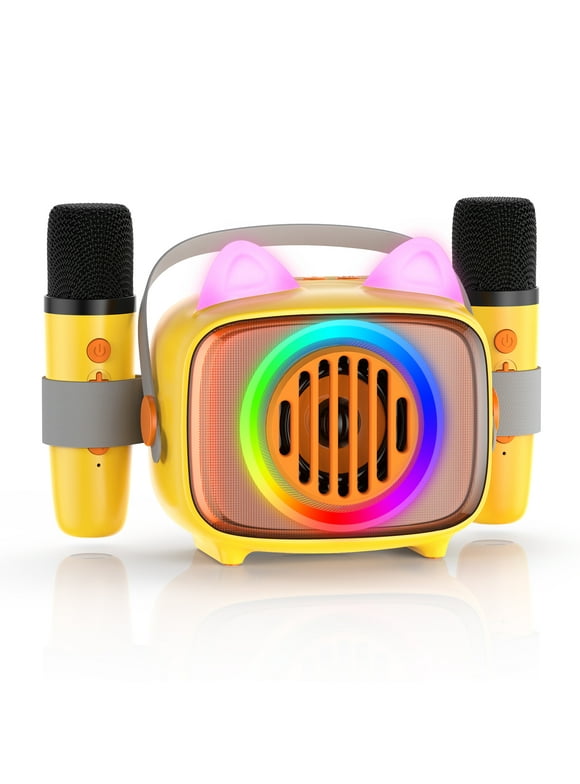 BIGASUO Kids Karaoke Machine, Portable Bluetooth Karaoke Speaker with 2 Wirless Microphones and Colorful Light,Mini Singing Machine Support TF card ,USB,AUX IN,with Shoulder Strap,Best Gift for Kids