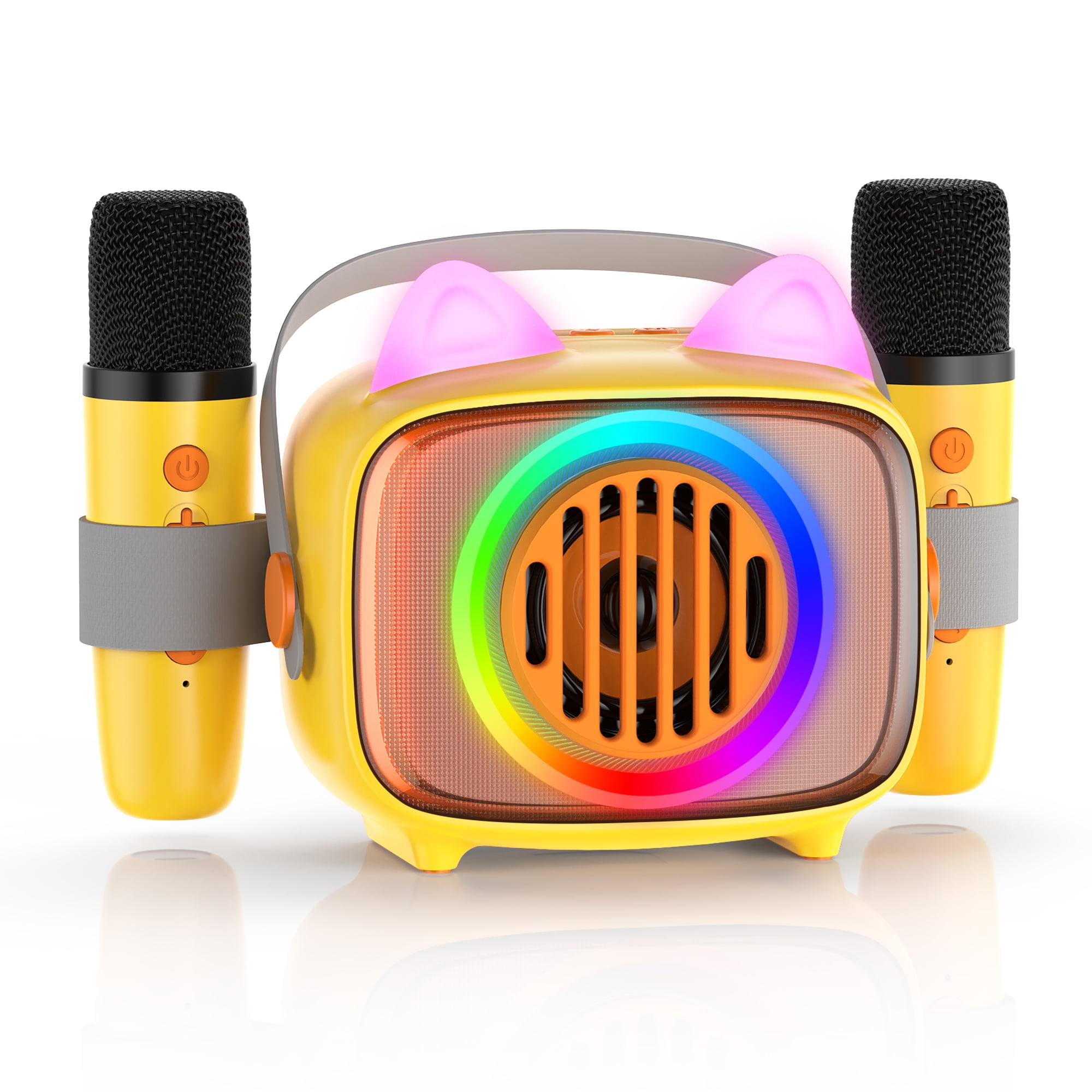 BIGASUO Mini Bluetooth Karaoke Machine with 2 Wireless Mics, LED Lights ...