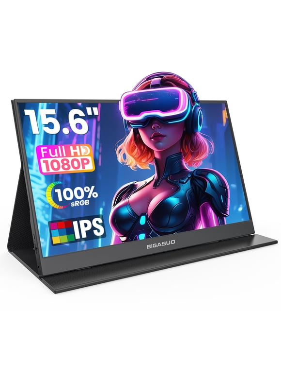 BIGASUO Portable Monitor, 15.6'' 1080P FHD Portable Monitor for Laptop, USB-C HDMI Computer Display HDR, Ultra-Slim IPS Gaming Monitor with Smart Cover for Laptop, PC, Phone, Mac, Xbox, PS4/5, Switch