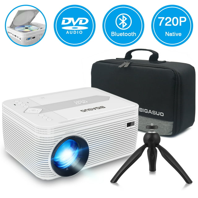 BIGASUO Projector Native 720P, Portable Support 1080P Projector with 55000 Hours Lamp Life, Built in DVD Player, Ideal for Home Theater