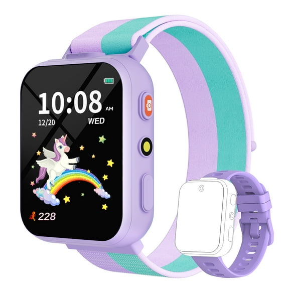 BIGGERFIVE Smart Watch for Kids with Dual Cameras, Two Straps, 30 Puzzle Games, Video & Music Player, Audiobooks, Flashlight, Pedometer, Educational Toys Birthday Gifts for Boys Girls Ages 4-10 Lilac