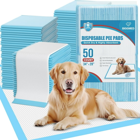 BIGMMED Puppy Pads 28inx34in,50Count,Extra Large Dog Pads,Super Absorbent Disposable Dog Training Pads,Potty Pee Pads for Dogs and Puppies,Leak Proof and Fast Dry Wee Wee Pads