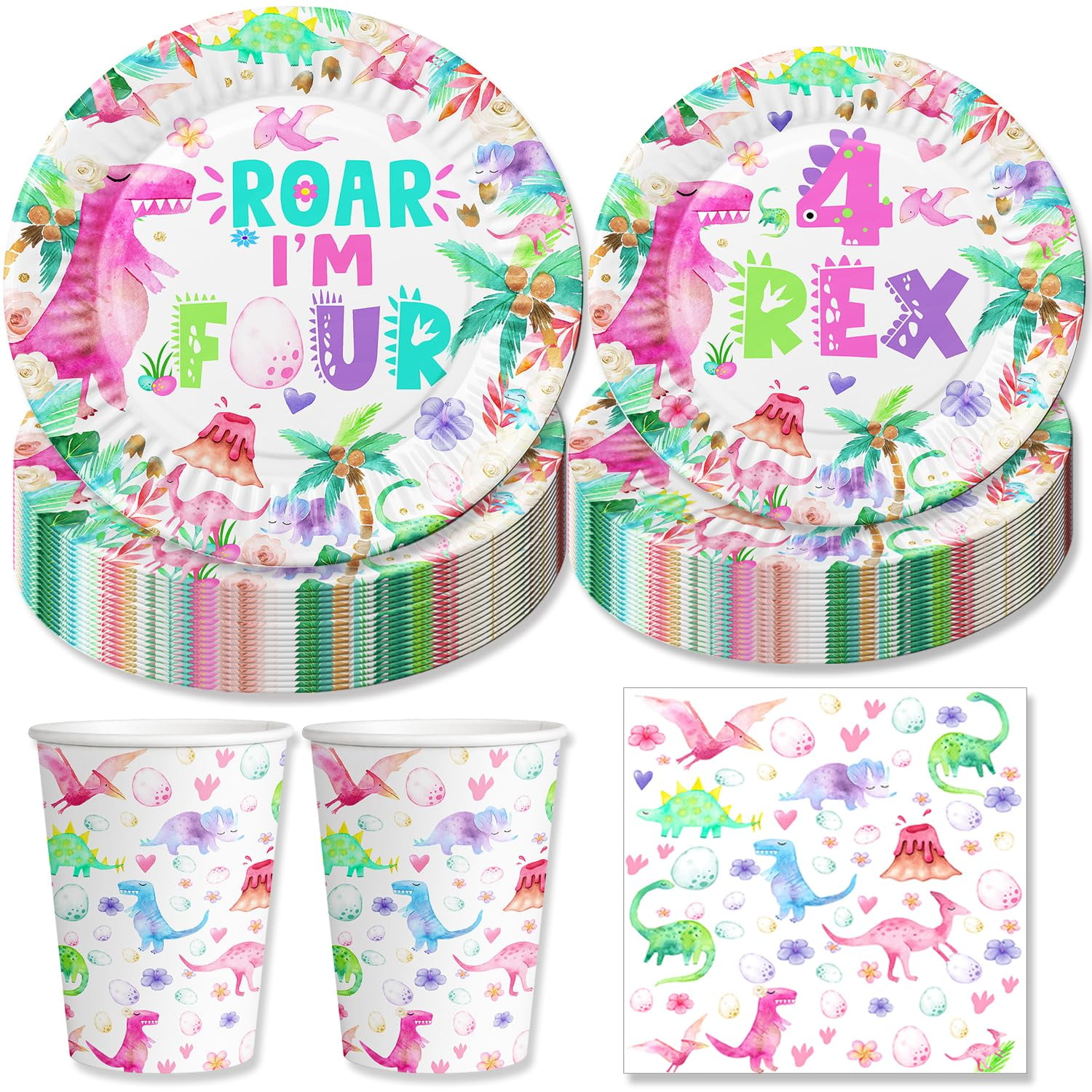 272-Piece Pink Dinosaur Birthday Party Pack For Girls - Serves 20, All-in-One Decor & Tableware