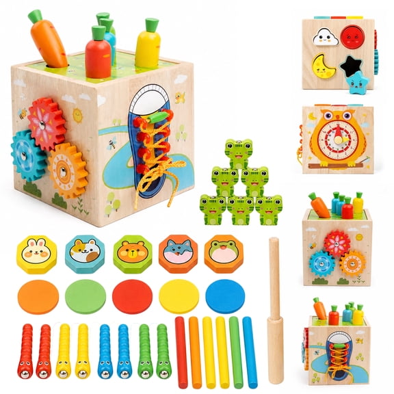 BIGODY Montessori Toys for 1 2 Year Old, 10-in-1 Wooden Activity Cube, Activity Center for Baby with Shape Sorter and Sorting & Stacking, Educational Gift for 1-3 Year Old Boys Girls