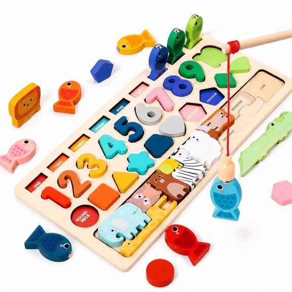 BIGODY 5-in-1 Montessori Toys for 1 2 Year Old, Wooden Puzzle Board, Toddler Educational Toy, Number Shape Animal with Shape Sorter and Sorting & Stacking, 1 Year Old Girl and Boy Gifts