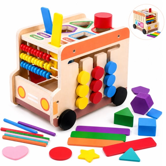 BIGODY Montessori Wooden Activity Cube Center Toy for 1+ Year Old, Multi-Sided Shape Sorter , Bead Maze, Early Educational Learning Toy, Gifts for Toddlers