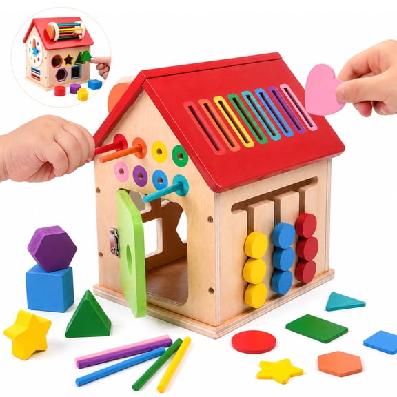 BIGODY Montessori Wooden Activity Cube for 1+ Year Old, Multi-Sided Busy House Shape Sorter Toy, Early Educational Learning Toy, 1 Year Old Girl and Boy Gifts for Toddlers