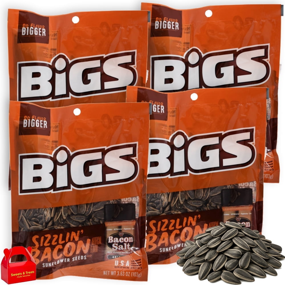 BIGS Sizzlin Bacon Sunflower Seeds, 4-Pack (3.63 oz. Each), Keto Friendly Low Carb Snack, Smoky Bacon Flavor, Roasted in USA, High Protein On-the-Go, 14.52 oz. Total