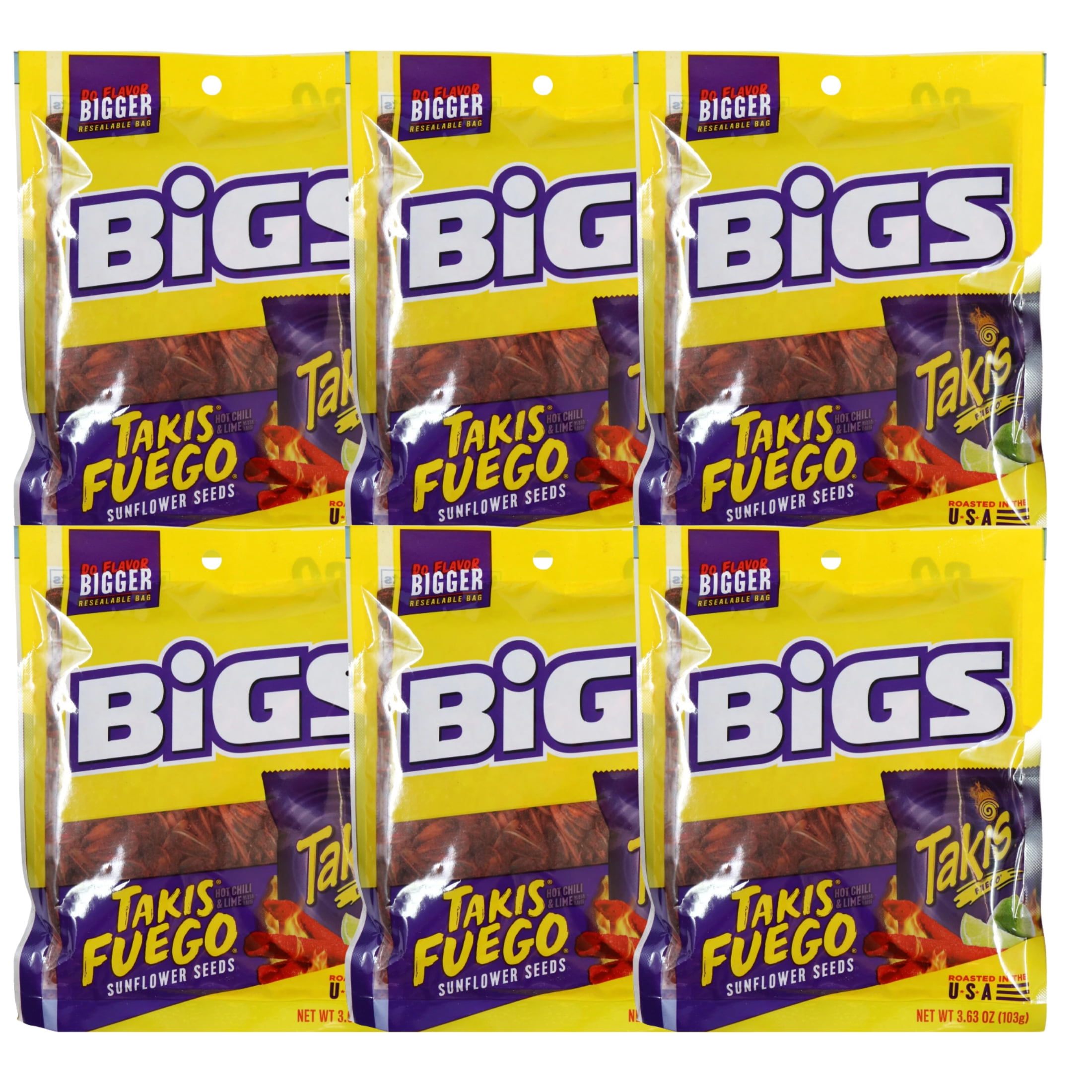 BIGS Takis Fuego Sunflower Seeds Hot Chili Lime Flavor, Keto Friendly Snack for Home Office Movie Night Travel Entertainment Camping Picnic and On The Go Snacking 3.63oz Resealable Bags Pack of 6