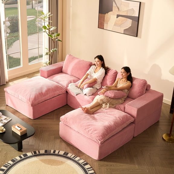 BIGSYY 106.3" U-Shaped Modular Sectional Couch, Deep Seat Modular Couch for Families and Apartment Dwellers, No Assembly Required, Comfortable Sofa for Living Room, Corduroy, Pink