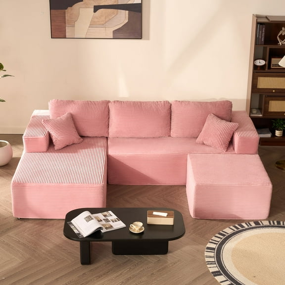 BIGSYY 107" Boneless Couch with Deep Seat, Modular Sectional Sofa, Cloud Sectional Couch for Living Room, No Assembly Required, Corduroy, U-Shape 3 Seater Left, Pink