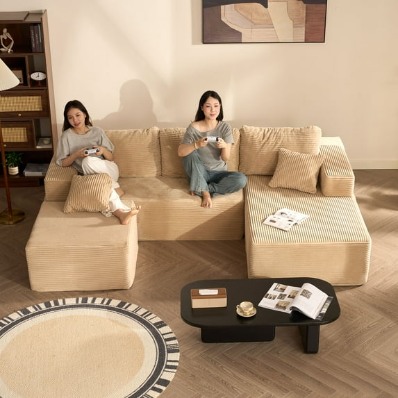BIGSYY 107" Boneless Couch with Deep Seat, Modular Sectional Sofa, Cloud Sectional Couch for Living Room, No Assembly Required, Corduroy, U-Shape 3 Seater Right, Camel