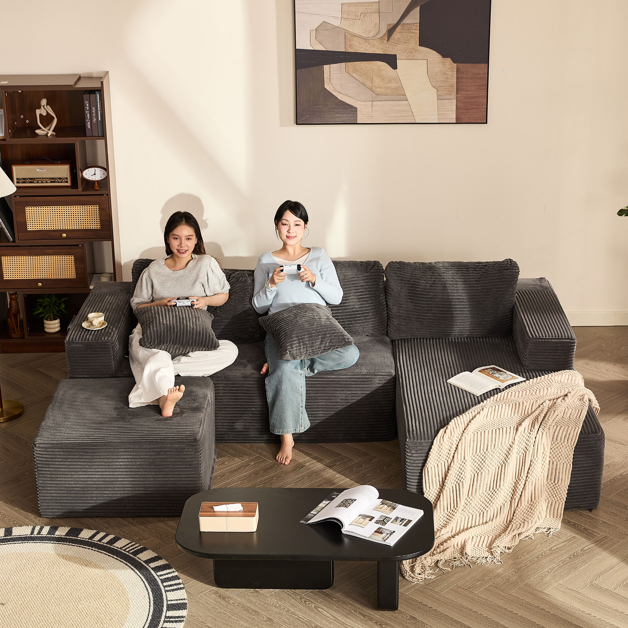 BIGSYY 107" Boneless Couch with Deep Seat, Modular Sectional Sofa, Cloud Sectional Couch for Living Room, No Assembly Required, Corduroy, U-Shape 3 Seater Right, Gray