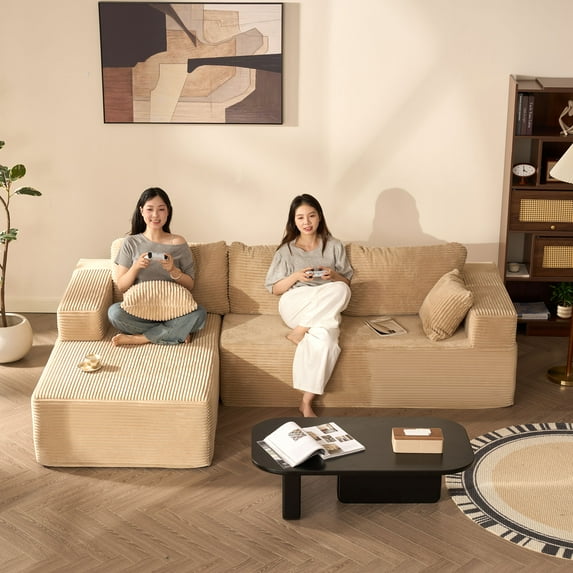 BIGSYY 107" L-Shape Left Corduroy Modular Sofa for Adults, Boneless, Deep Seat, No Assembly, Camel (2 Packages)