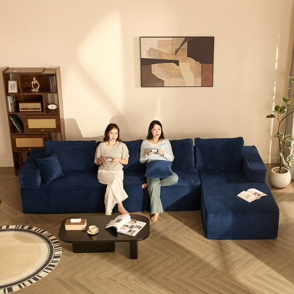BIGSYY 107" L-Shape Right Corduroy Modular Sofa for Adults, Boneless, Deep Seat, No Assembly, Blue (2 Packages)