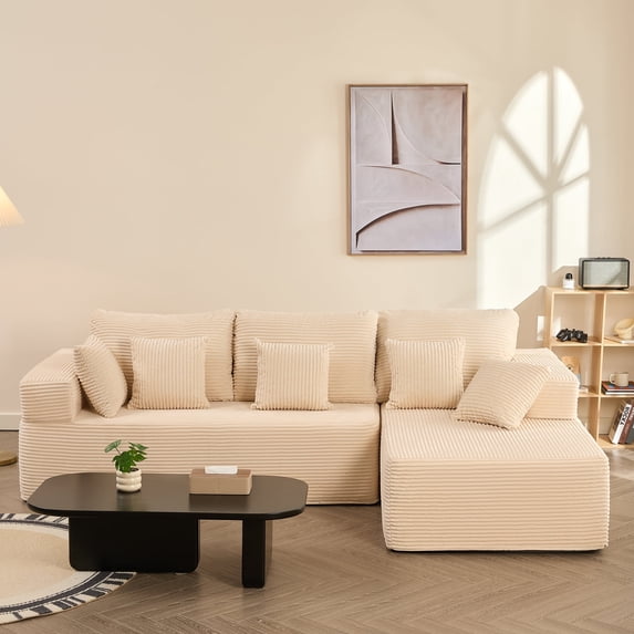 BIGSYY 107" L-Shape Right Corduroy Modular Sofa for Adults, Boneless, Deep Seat, No Assembly, White (2 Packages)