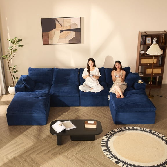 BIGSYY 137.8" U-Shaped Modular Sectional Couch, Deep Seat for Families and Apartment Dwellers, No Assembly Required, Comfortable Sofa for Living Room, Corduroy, Blue