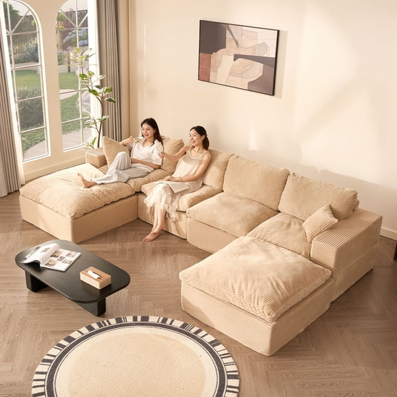 BIGSYY 137.8" U-Shaped Modular Sectional Couch, Deep Seat for Families and Apartment Dwellers, No Assembly Required, Comfortable Sofa for Living Room, Corduroy, Camle