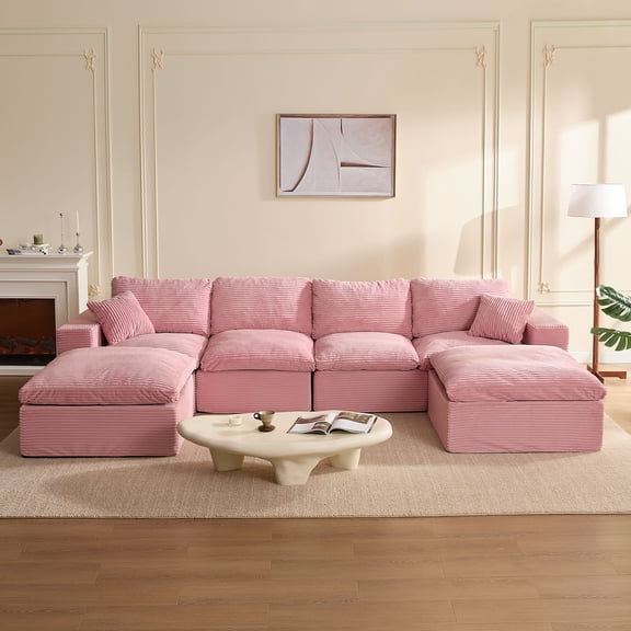 BIGSYY 137.8" U-Shaped Modular Sectional Couch, Deep Seat for Families and Apartment Dwellers, No Assembly Required, Comfortable Sofa for Living Room, Corduroy, Pink