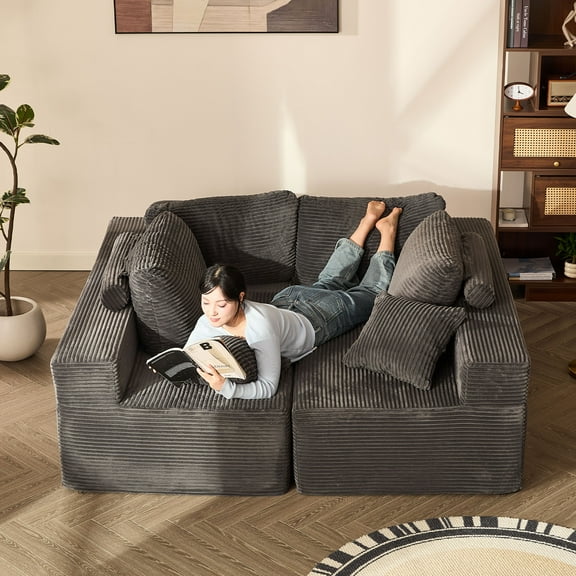 BIGSYY 137" Modular Sleeper Sofa for Adults - Memory Foam, Extra-Deep Seats, Corduroy Fabric, Gray (2 Packages)