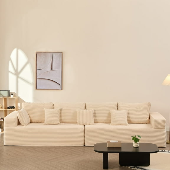 BIGSYY 137" Modular Sleeper Sofa for Adults - Memory Foam, Extra-Deep Seats, Corduroy Fabric, White (2 Packages)