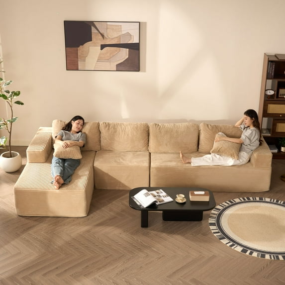 BIGSYY 138" Boneless Couch with Deep Seat, Modular Sectional Sofa, Cloud Sectional Couch for Living Room, No Assembly Required, Corduroy, 4 Seater L-Shape Left, Camel