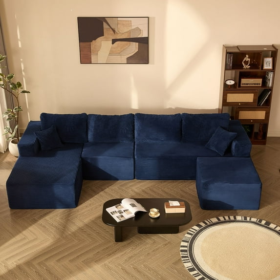 BIGSYY 138" Boneless Couch with Deep Seat, Modular Sectional Sofa, Cloud Sectional Couch for Living Room, No Assembly Required, Corduroy, U-Shape 4 Seater Left, Blue
