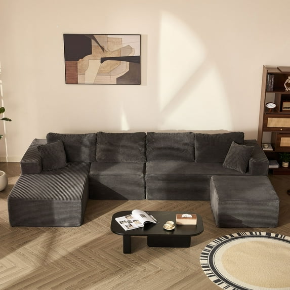 BIGSYY 138" Boneless Couch with Deep Seat, Modular Sectional Sofa, Cloud Sectional Couch for Living Room, No Assembly Required, Corduroy, U-Shape 4 Seater Left, Gray