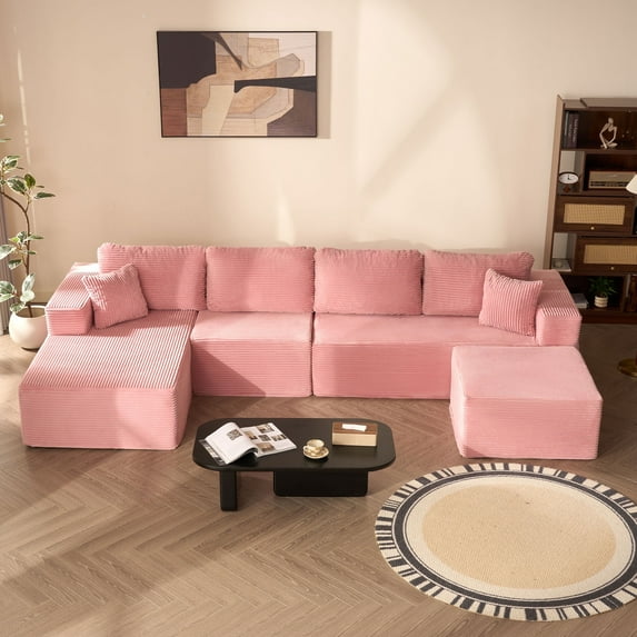BIGSYY 138" Boneless Couch with Deep Seat, Modular Sectional Sofa, Cloud Sectional Couch for Living Room, No Assembly Required, Corduroy, U-Shape 4 Seater Left, Pink