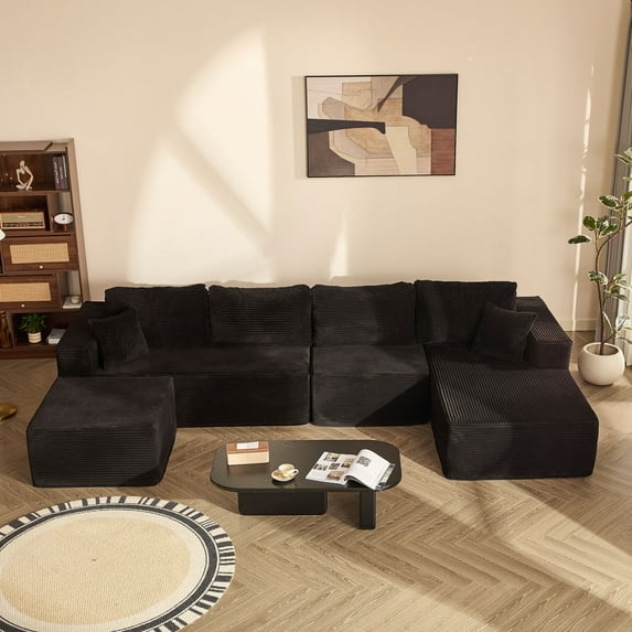 BIGSYY 138" Boneless Couch with Deep Seat, Modular Sectional Sofa, Cloud Sectional Couch for Living Room, No Assembly Required, Corduroy, U-Shape 4 Seater Right, Black