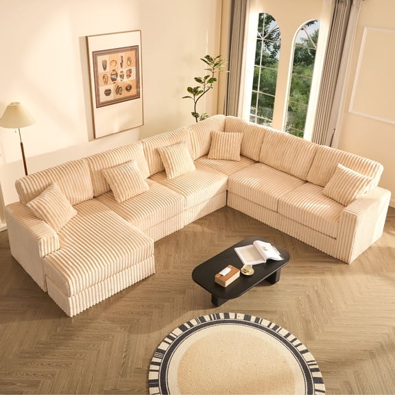 BIGSYY 139" U-Shaped Sectional Sofa, 7-Seater Modular Cloud Couch for Large Families & Guests with Corduroy Upholstery, Left Facing Chaise, White