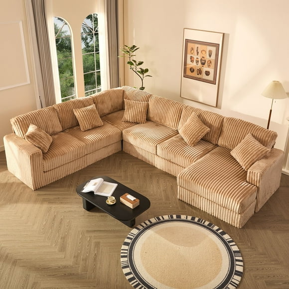 BIGSYY 139" U-Shaped Sectional Sofa, 7-Seater Modular Cloud Couch for Large Families & Guests with Corduroy Upholstery, Right Facing Chaise, Camel