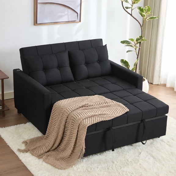 BIGSYY 52" Linen 3-in-1 Convertible Sleeper Sofa with Pull-Out Bed, Stepless Adjustable Backrest & Side Pocket - Black
