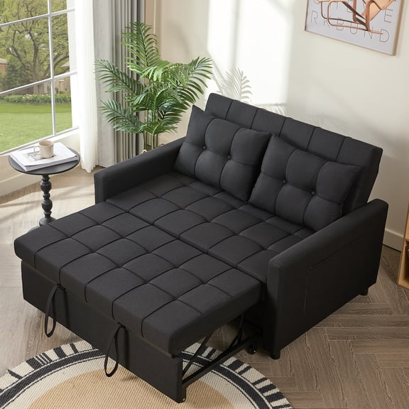 BIGSYY 52" Linen 3-in-1 Convertible Sleeper Sofa with Pull-Out Bed, Stepless Adjustable Backrest & Side Pocket - Black