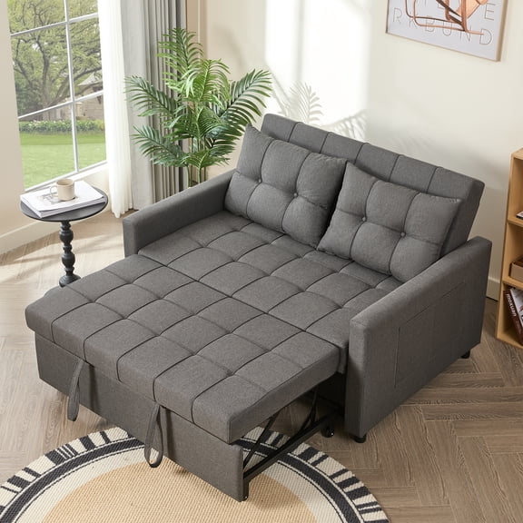 BIGSYY 52" Linen 3-in-1 Convertible Sleeper Sofa with Pull-Out Bed, Stepless Adjustable Backrest & Side Pocket - Dark Grey