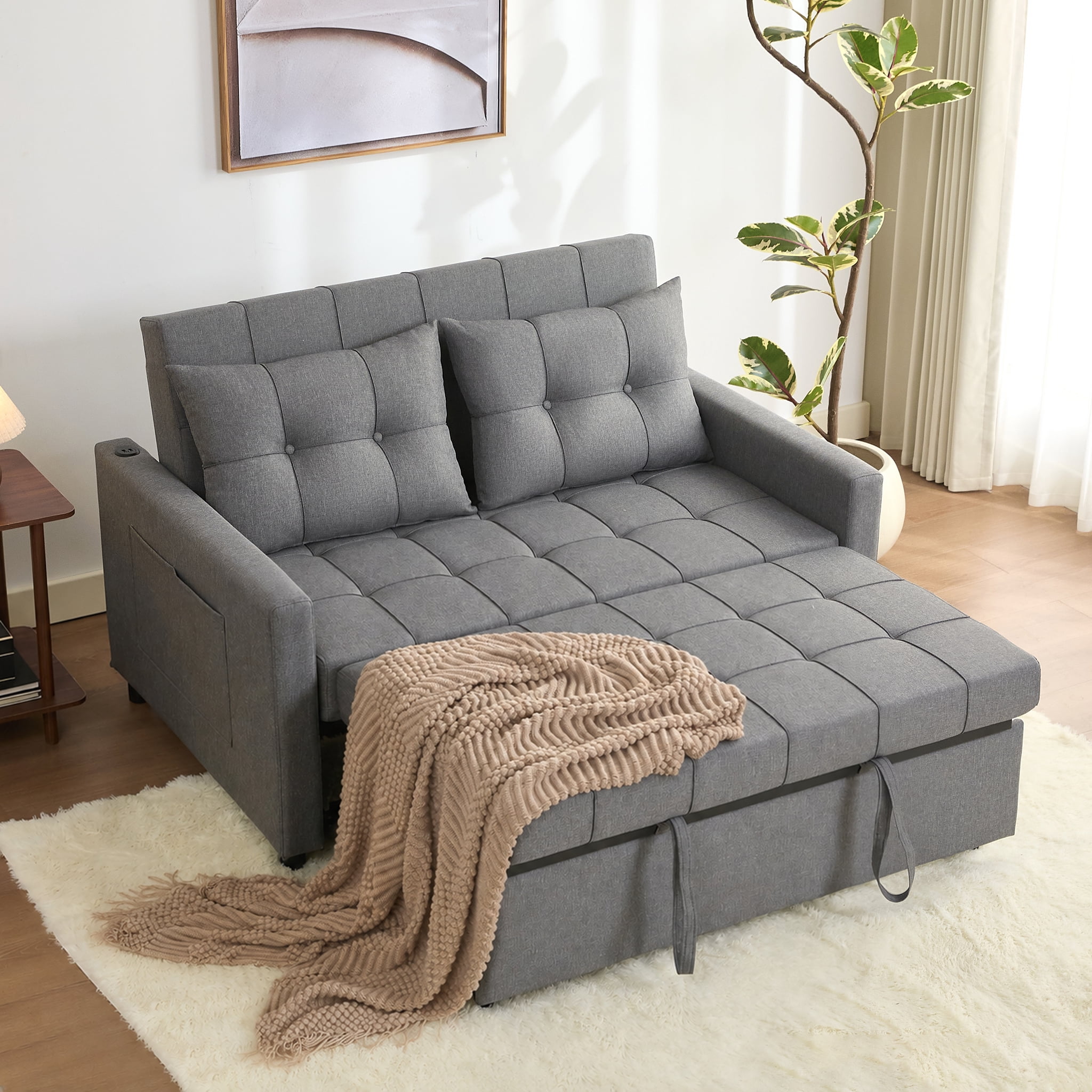 BIGSYY 52" Linen 3-in-1 Convertible Sleeper Sofa with Pull-Out Bed, Stepless Adjustable Backrest & Side Pocket - Light Grey